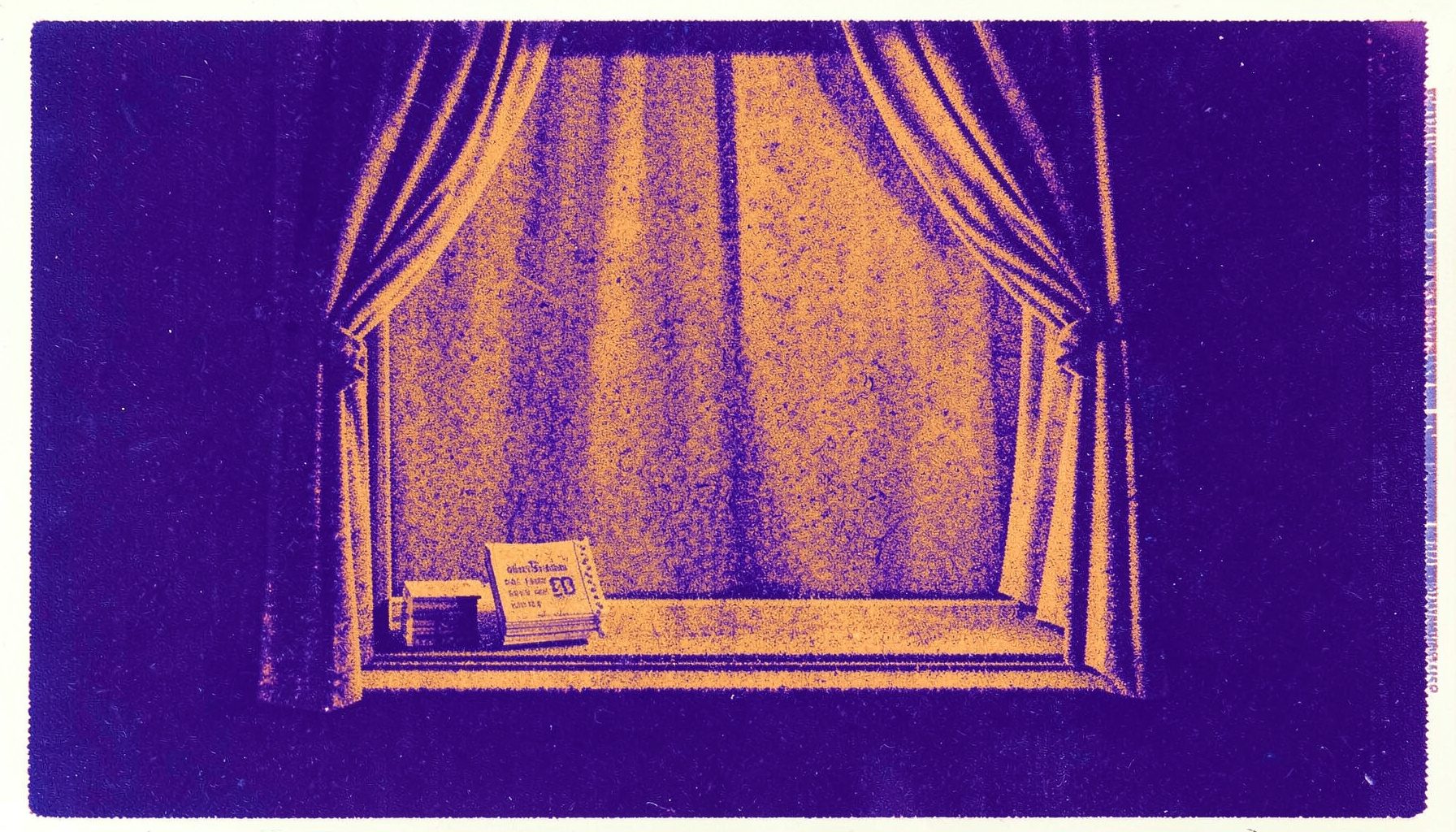 A two-ink risograph print in deep violet and warm ochre: a theater box-office window framed by soft stage curtains