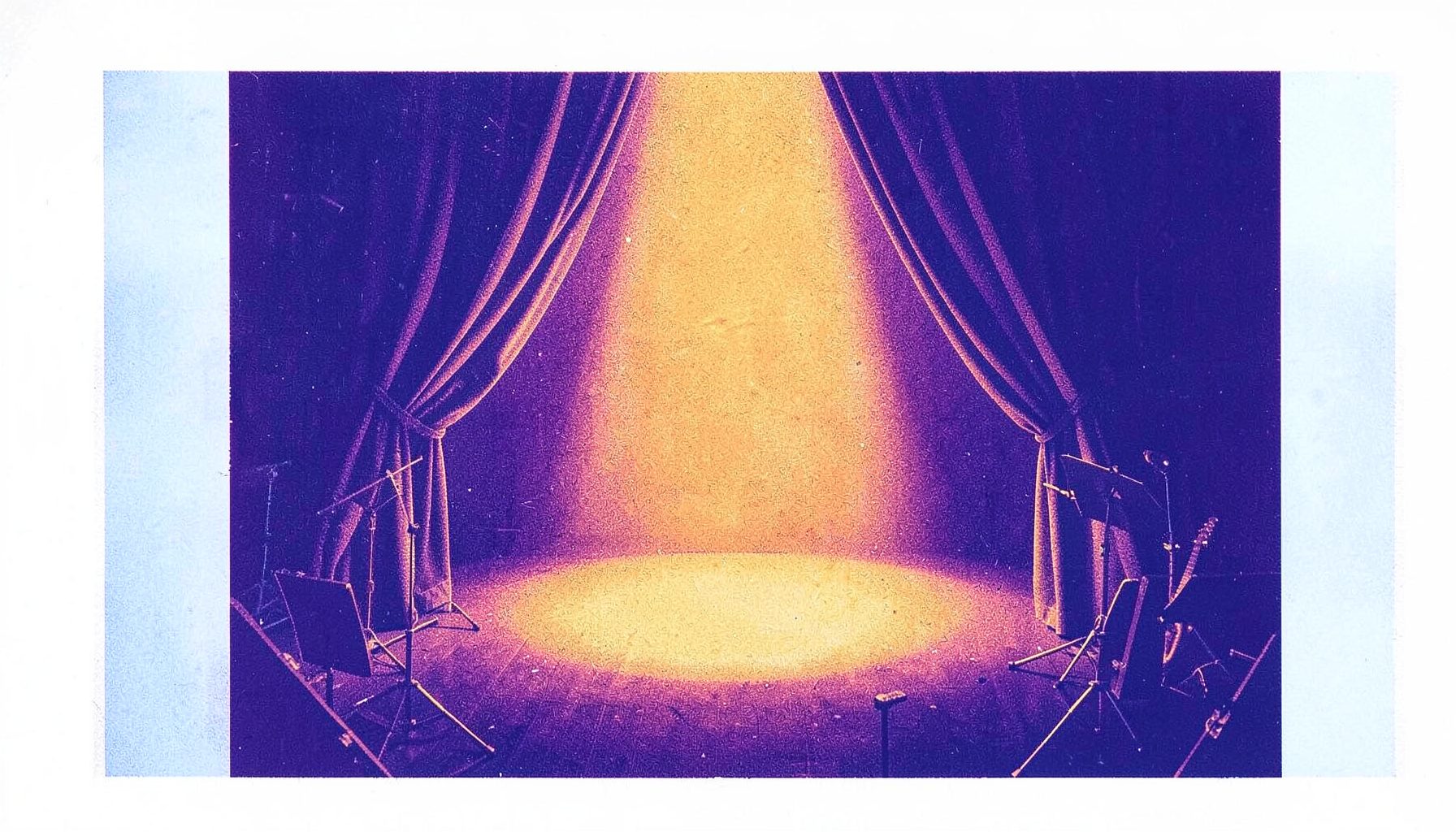 A two-ink risograph print in deep violet and warm ochre showing a stage curtain parted to reveal a single spotlight pool