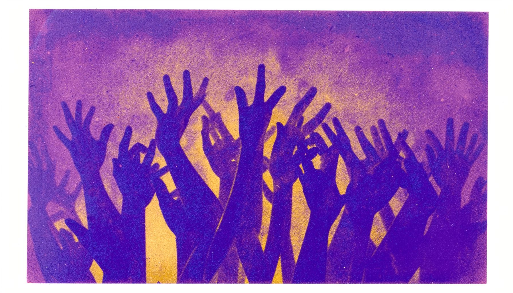 A two-ink risograph print in deep violet and warm ochre showing a cluster of hands raised together against a soft gradient background
