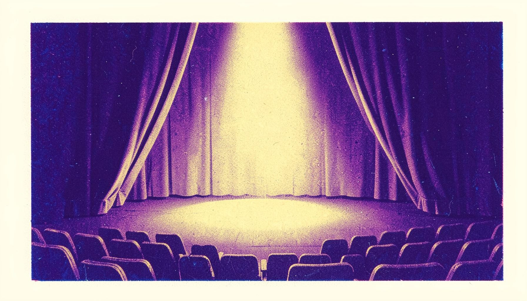 A warm two-ink risograph print in deep violet and soft gold showing a stage curtain parted to reveal a glowing spotlight pool on an empty stage